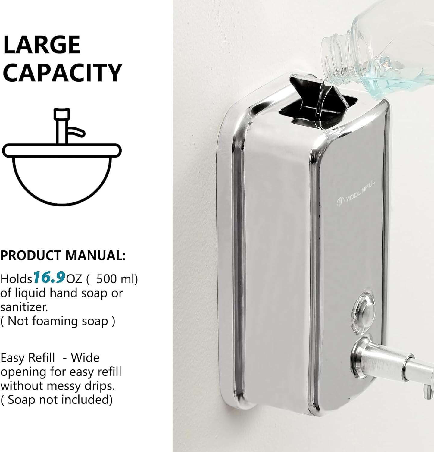 Stainless Steel Soap Dispenser for Home – 16.9oz Wall Mount, Anti-Leak Pump, Brushed Nickel Finish, Space-Saving Design for Kitchen & Bathroom