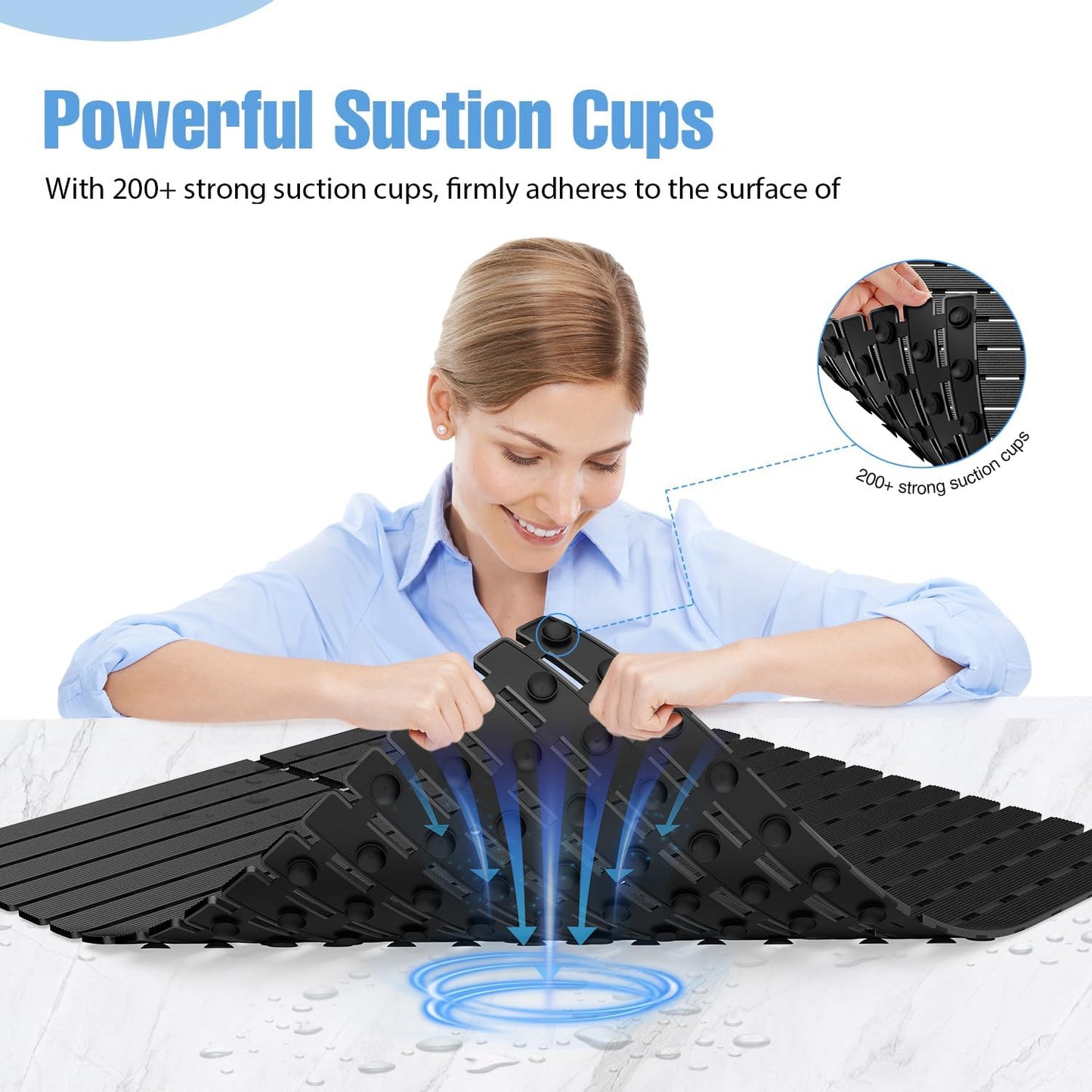 Shower Mat Non-Slip Bath Mat for Tub Floor & Stall with 200+ Suction Cups & Drain Holes, Quick Dry Machine Washable Bathtub Mat, Safe for Elderly& Baby, Bathroom Essentials 24x24 Inch (Black)