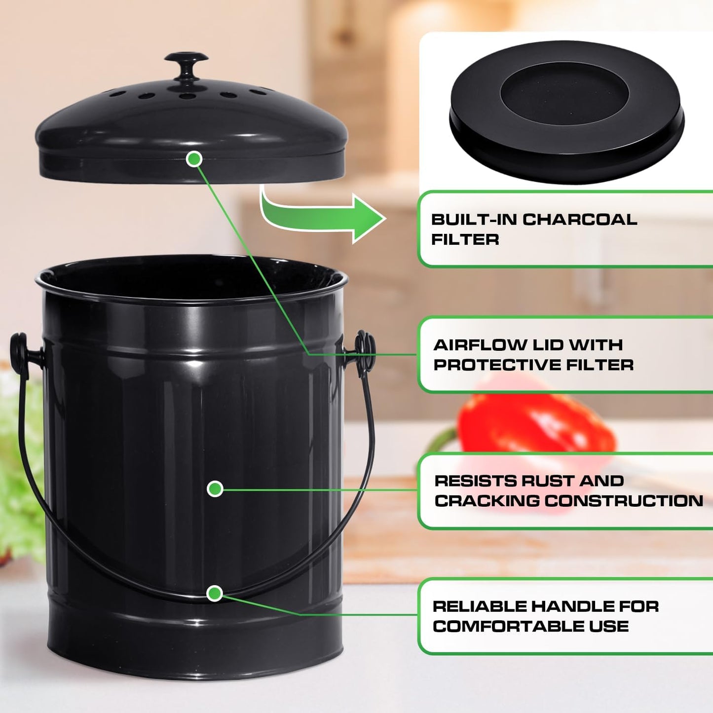 Plexon Countertop Compost Bin Kitchen Indoor with Lid, Black 1.5 Gallon Odorless Kitchen Container, Steel Food Compost Bucket with Charcoal Filter, Compost Pail for Countertop