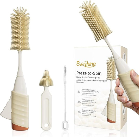Bottle Brush Set, Innovative Efficient Press-to-Spin Brush Cleaner - Includes Silicone Baby Bottle Brush, Nipple Brush, Straw Cleaner - Spinning Generates Rich Foam for Deep Cleaning, Red