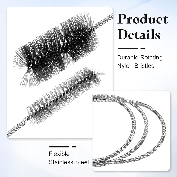 HARFINGTON 3pcs Flexible Long Drain Brush Straw Cleaner Set 61.02" Stainless Steel Double Ended Hose Brush with 8" Nylon Long Tube Pipe Cleaning for Fish Tank Sink Pipe, Black