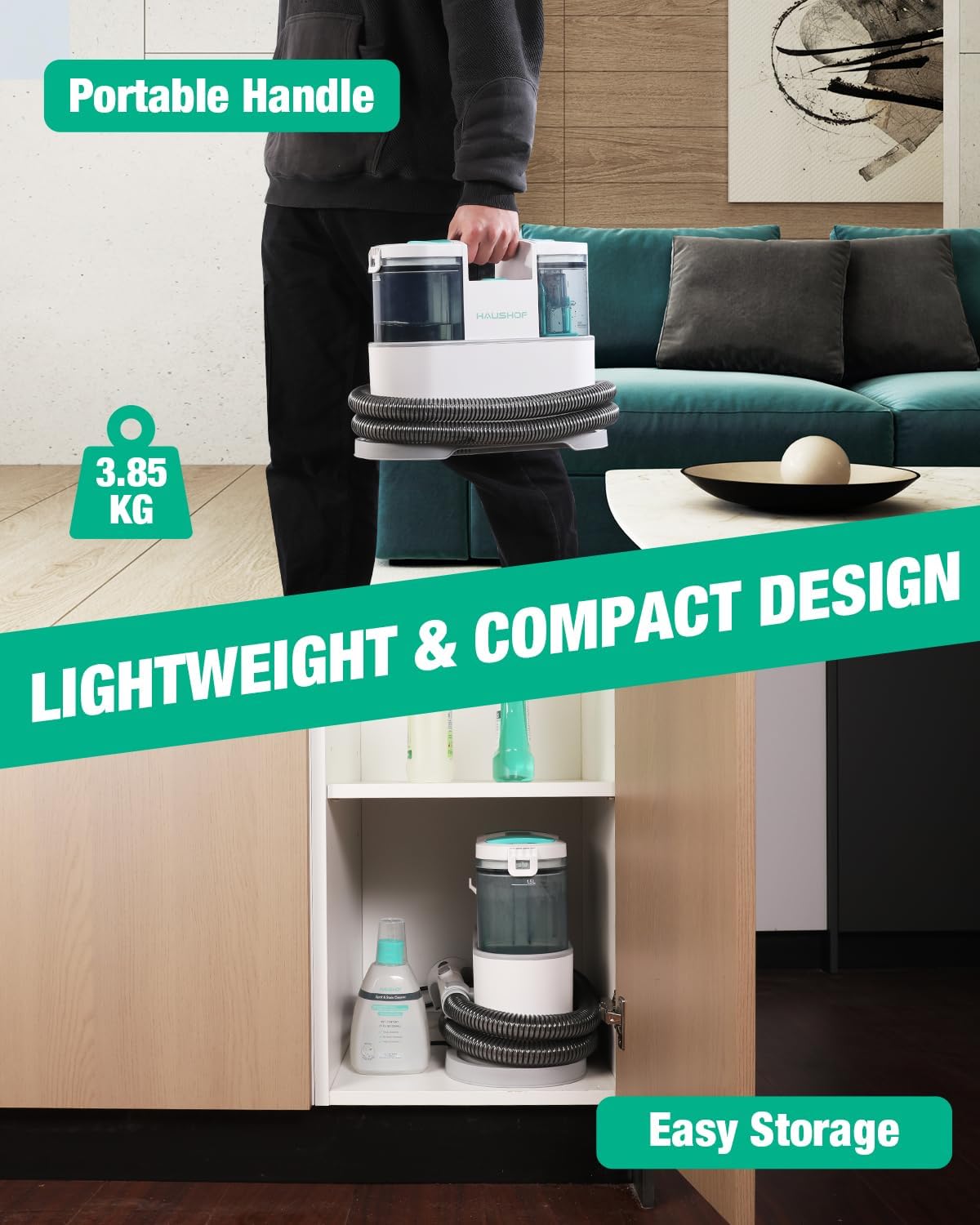 HAUSHOF Portable Carpet Spot and Upholstery Cleaner, 12Kpa Lightweight Deep Couch Cleaner Machine Powerful Suction for Pet Stains, Couch, Rug, Car Seats, Narrow Spaces, Spot & Stain Cleaner Included