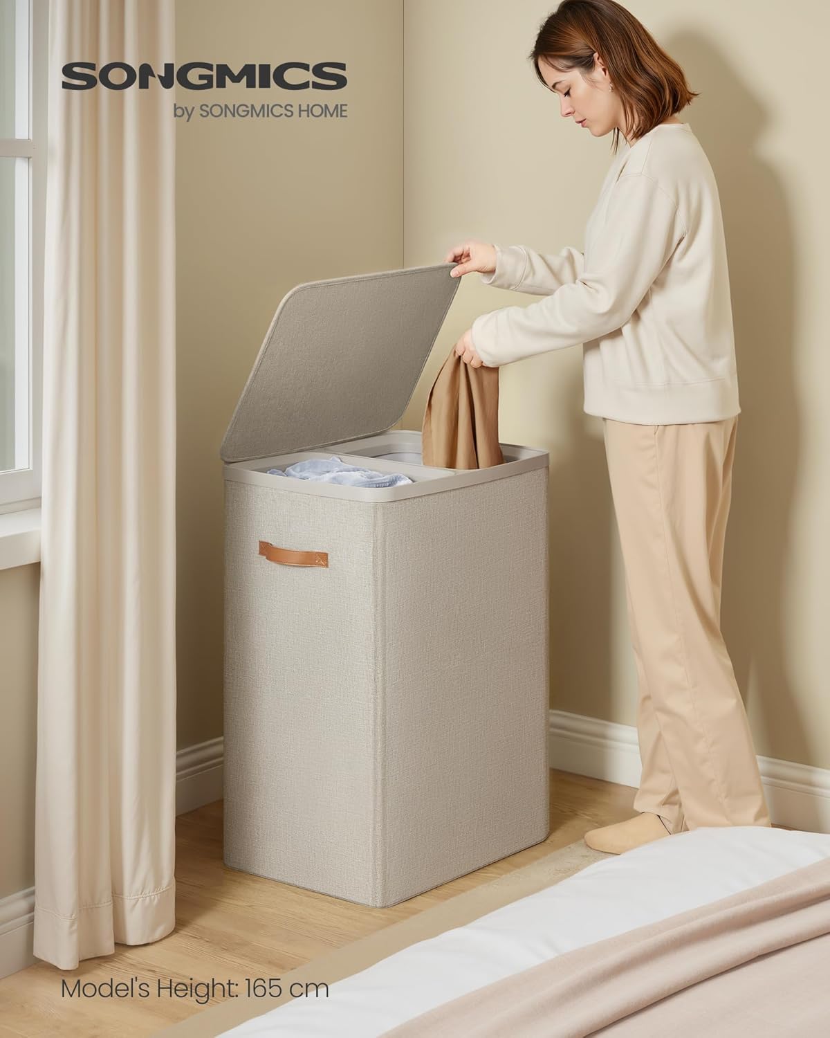 SONGMICS Laundry Basket, 44.9 Gal. Laundry Hamper, 2 Compartments, Easy Assembly, with Lid and Handles, Removable Liners, 22 x 15.7 x 29.5 Inches, Cappuccino Beige ULCB813L01