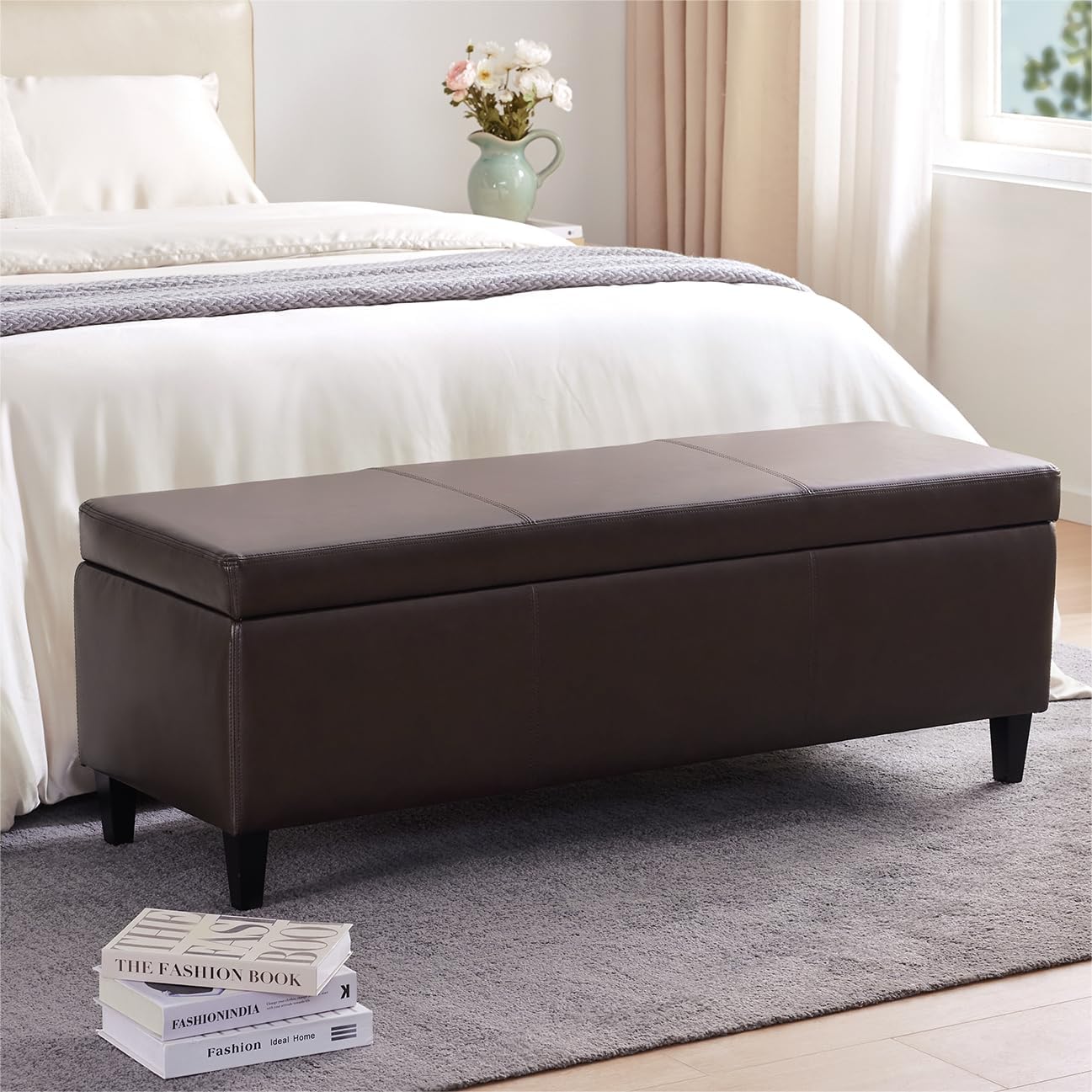 HUIMO Faux Leather Storage Ottoman Bench 50.3 Inch Extra Long PU Upholstered Bedroom Bench with Large Storage Space for The Living Room, Entryway, Bedroom Hold Up to 300lbs (Brown)