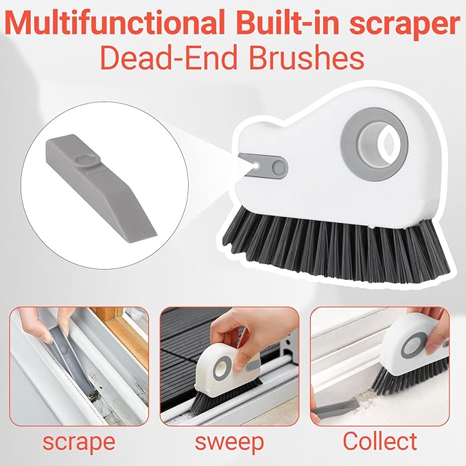 2 in 1 Groove Cleaning Brush Window Track Cleaning Tools, Multifunction Window Track Cleaner with Hard Bristle and Hidden Scraper, Crevice Brush for Sliding Door Track Window Seal Sill