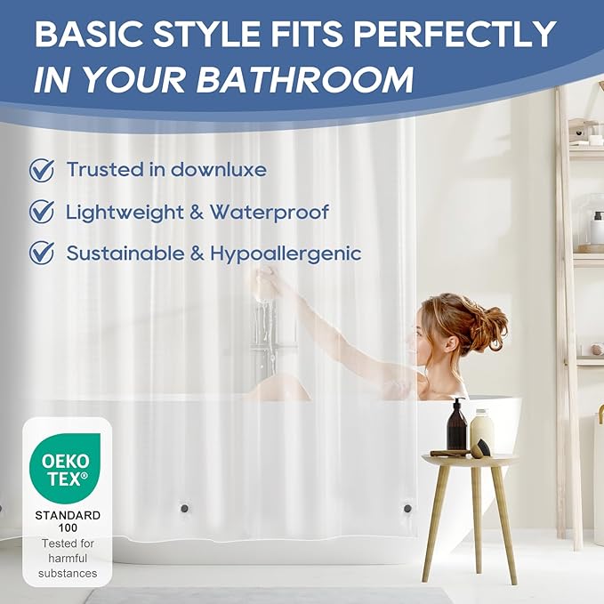 downluxe Clear Shower Curtain Liner with Hooks, PEVA Plastic Shower Liner, 36" W x 72" L Waterproof Lightweight Bathroom Curtain(6 Hooks, 1PC)