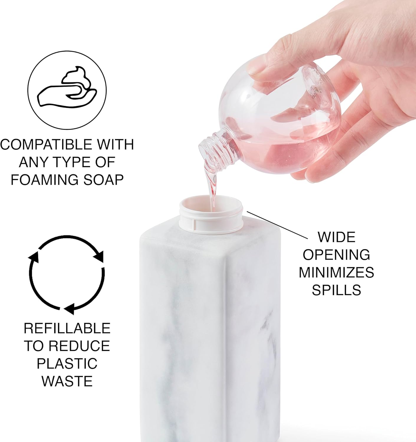 DKNY Hands Free Automatic Liquid Soap Dispenser, Refillable, Rechargeable Touchless Sensor Pump, Elegant Faux Marble Finish, 100% Resin, 1 Piece, 8.6" x 3", White