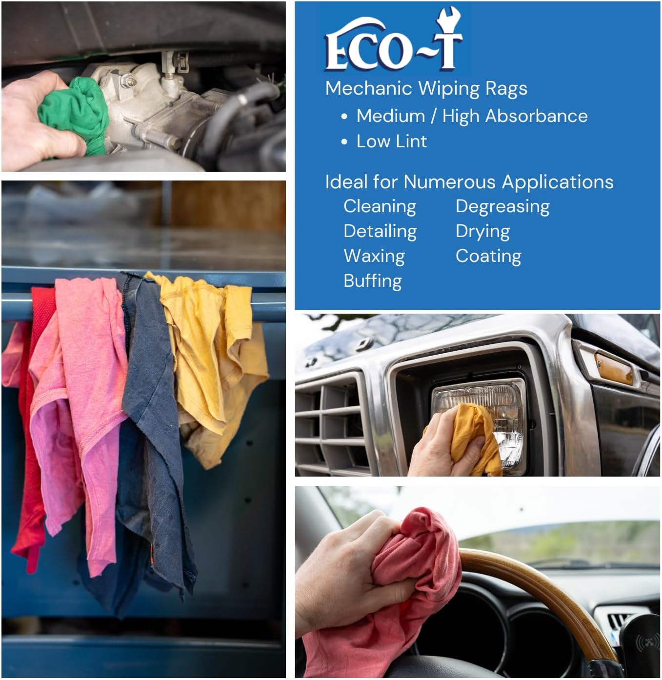 24 x 1 Lb Bags (24 Lbs) Eco-T Mechanic Shop Rags - Colored T-Shirt Material, 100% Recycled, Eco-Friendly, High Absorbency, Low Lint, Low-Cost, Industrial Use Wiping Cloth