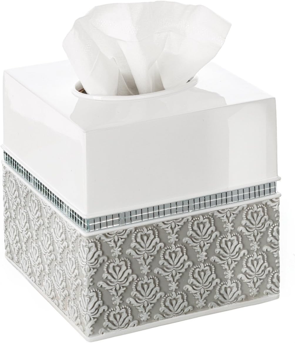 Creative Scents Mirror Damask Square Tissue Box Cover - Decorative Bathroom Tissues Paper Holder, Modern Napkins Container, Bottom Slider, for Cute Elegant Bathroom Decor (White & Gray)