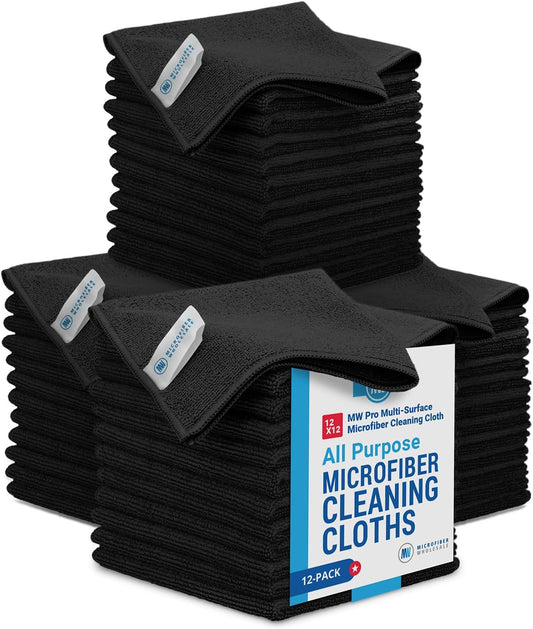 Microfiber Wholesale Cleaning Cloths (48 Pack) | Size 12" x 12"| All Purpose Microfiber Towels - Clean, Dust, Polish, Scrub, Absorbent (Black)