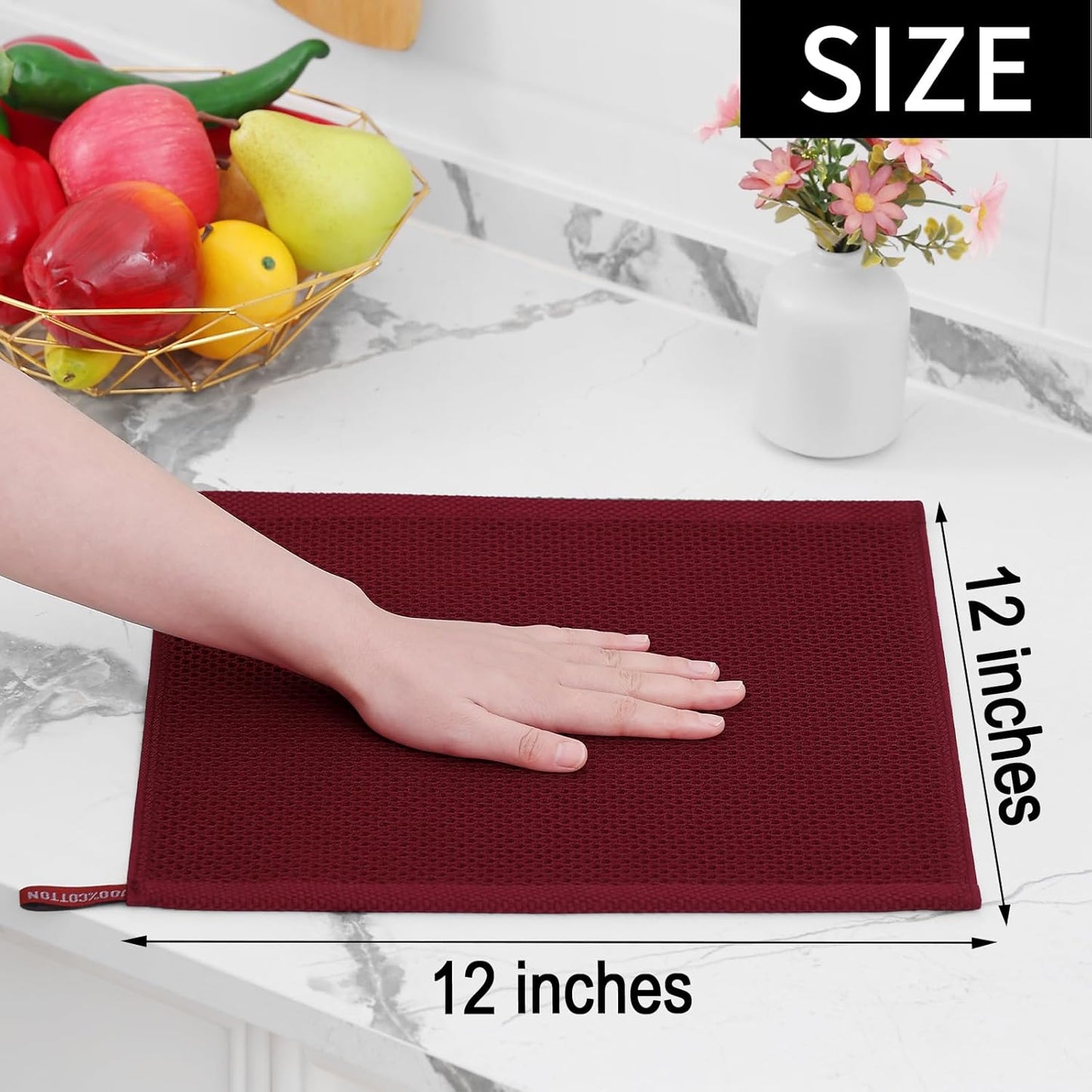 Homaxy 100% Cotton Waffle Weave Kitchen Dish Cloths, Ultra Soft Absorbent Quick Drying Dish Towels, 12 x 12 Inches, 6-Pack, Burgundy