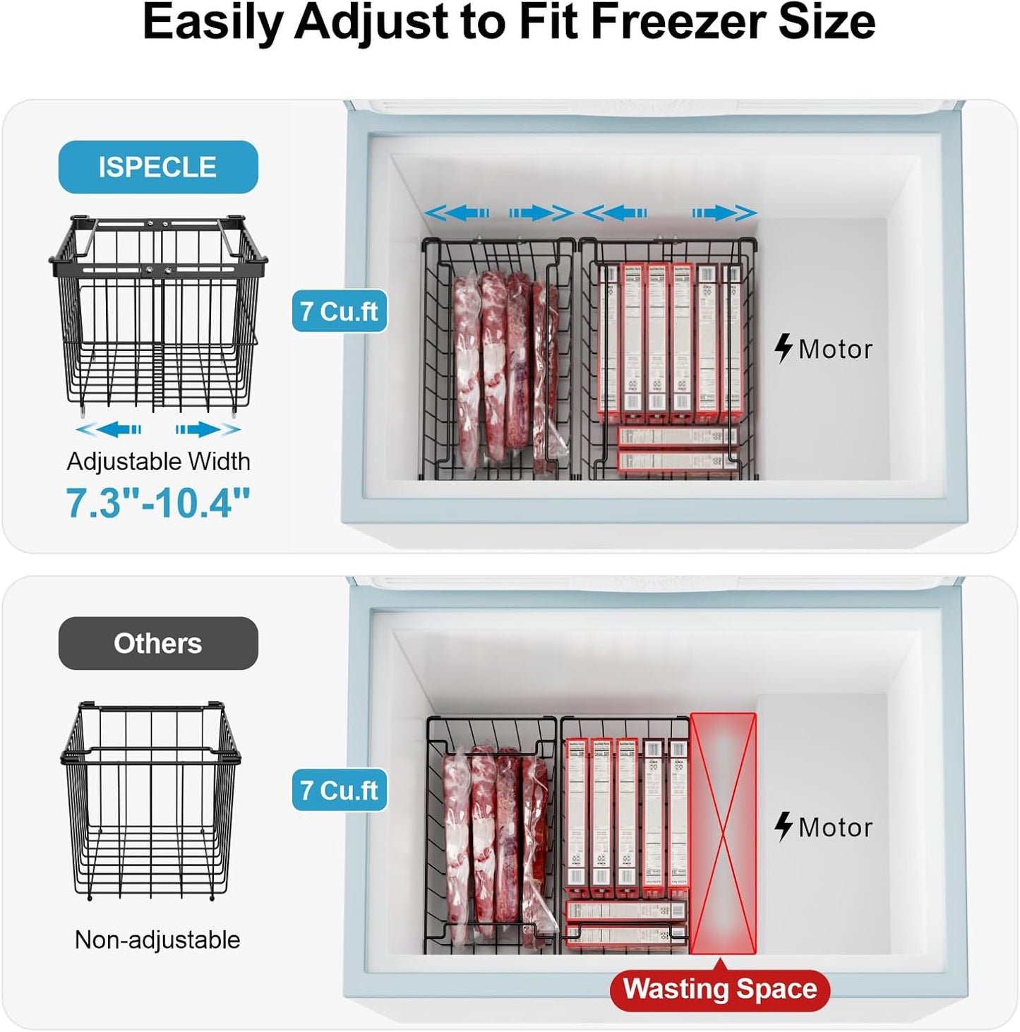 iSPECLE Freezer Organizer Bins - 4 Pack Adjustable & Extra Large Chest Freezer Organizer Bins for 5 to 9 Cu.Ft Deep Freezer, Easy Organize Basket Store More, Stackable No Wasted Space, Black