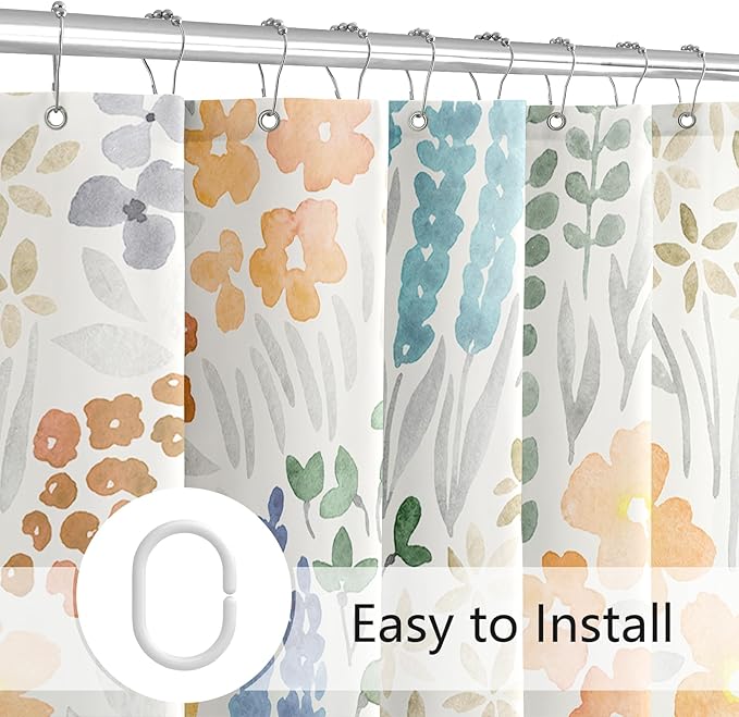 Extra Long Shower Curtain 72 x 84 Inch, Tall Cute Floral Shower Curtain for Bathroom, Orange Wildflower Boho Cottagecore Fabric Shower Curtain Set with Hooks