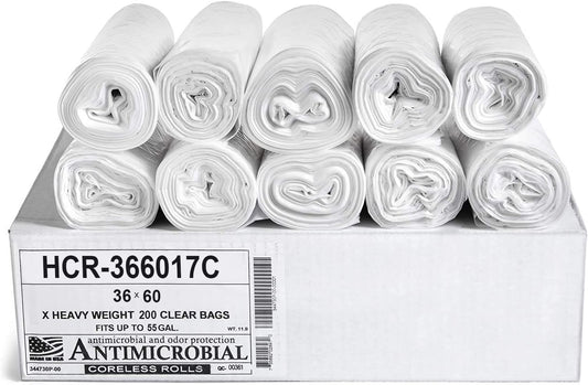 Aluf Plastics High Density Trash Bags, 55 Gallon, 200 Count, 17 Micron (eq), 36" x 60", Clear, for Bathroom, Office, Industrial, Commercial, Janitorial, Municipal, Recycling