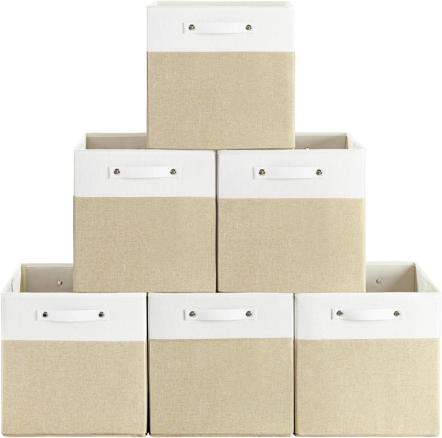 13 x 13 Inch Fine Linen Storage Bins with Handles，Fabric Cube Boxs，Collapsible Basket Organizers for Shelves for Home, Closet Drawers (White/Khaki-6 Pack)