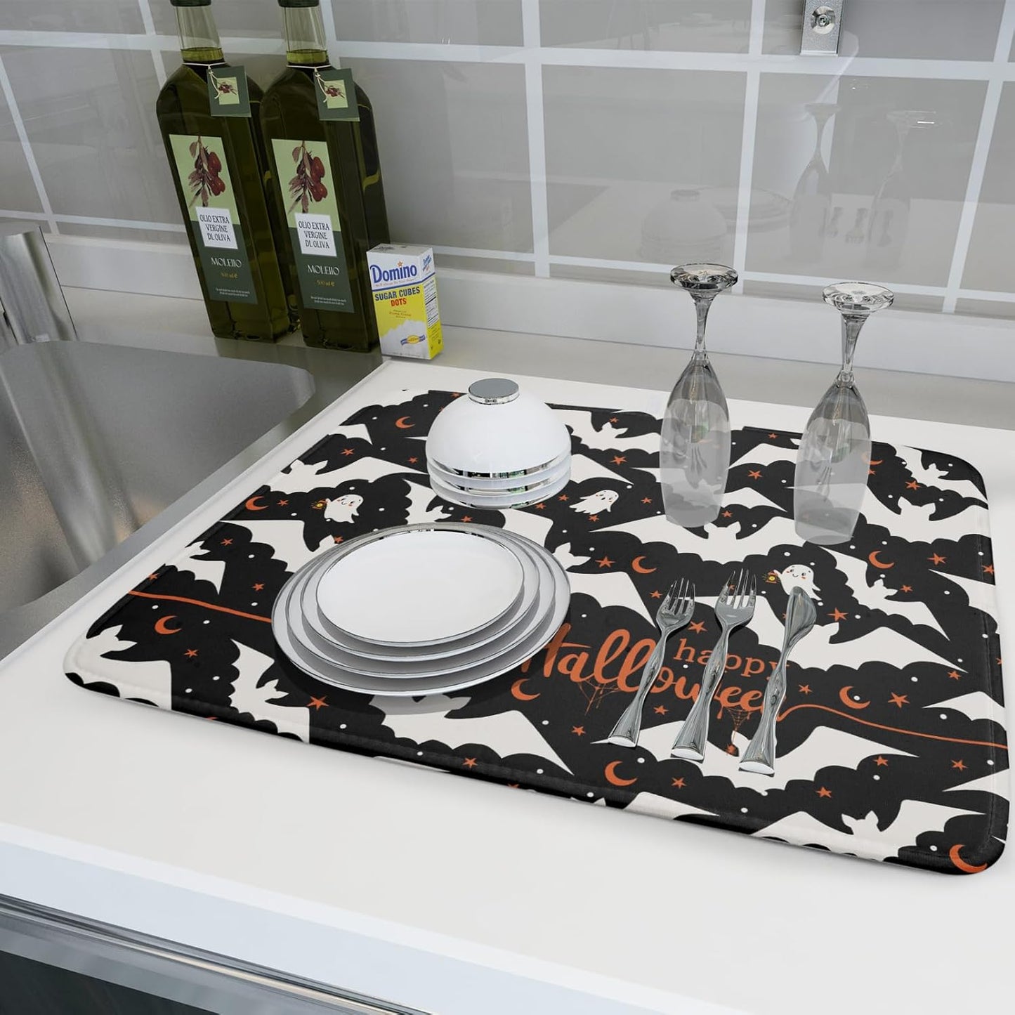 Halloween Drying Mats for Kitchen Counter 18”x24” Happy Halloween Spooky Bat Dishes Pad Microfiber Absorbent Fast Dry Dish Draining Mats Halloween Kitchen Decor Table Protector for Bar Countertop