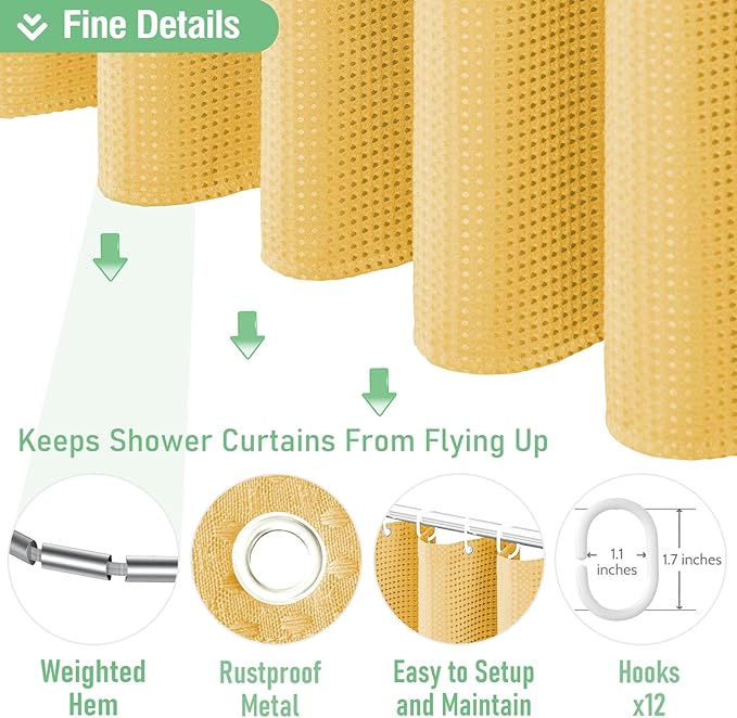 Dynamene Gold Fabric Shower Curtain - Waffle Weave Textured Heavy Duty Cloth Shower Curtains for Bathroom, 256GSM Hotel Luxury Weighted Bath Curtain Set with 12 Hooks,72x72, Gold