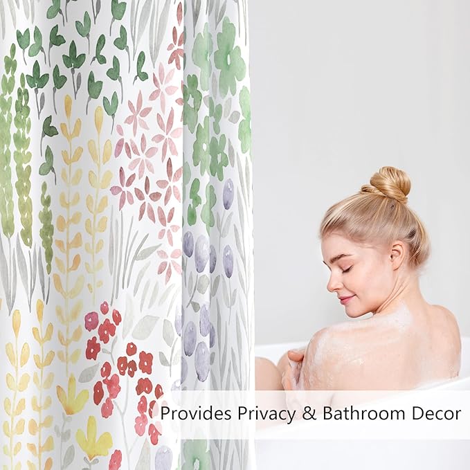 Long Shower Curtain 72 x 78 Inch, Tall Cute Floral Shower Curtain for Bathroom, Sage Green Wildflower Boho Cottagecore Fabric Shower Curtain Set with Hooks