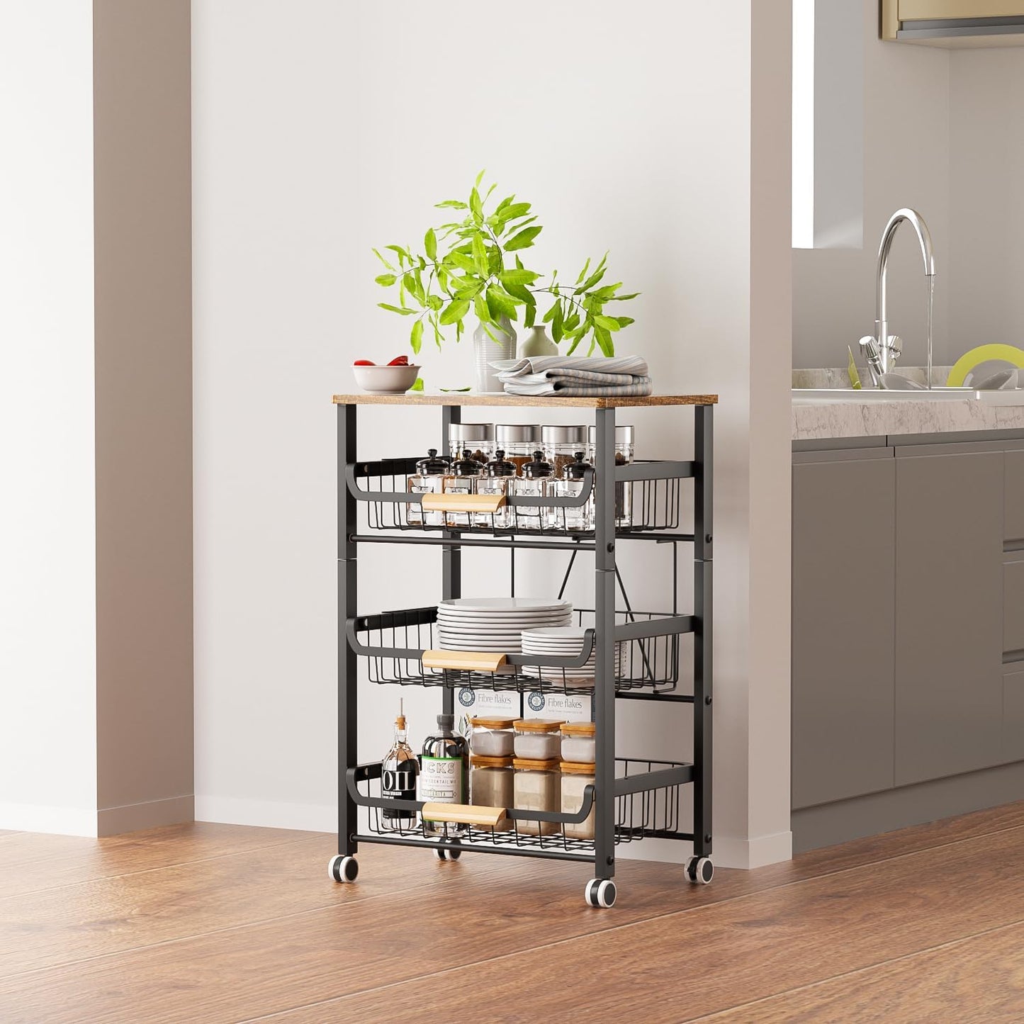 4-Layer Fruit Basket Kitchen Food Storage Organizer and Storage Rack, Stackable Storage cart with Desktop, Pull-Out Hollow Metal Storage Basket, liding Out Storage,White