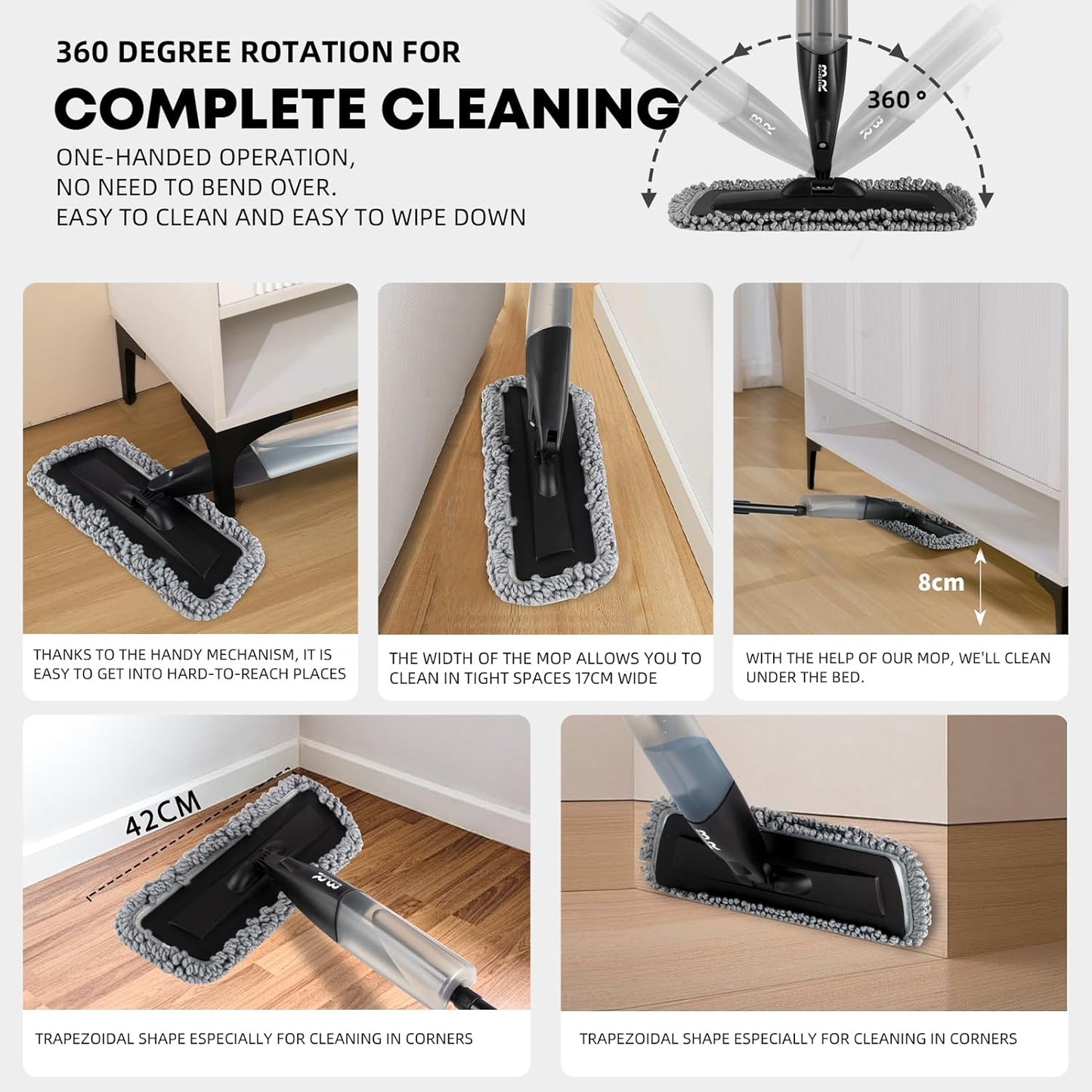 Microfiber Spray Mop for Floors Dry and Wet Mop with Dusting 360 Rotation for Kitchen, Hardwood, Laminate, Tile Floors Includes 3 Refill Heads, Scraper, Holder & Spray Bottle