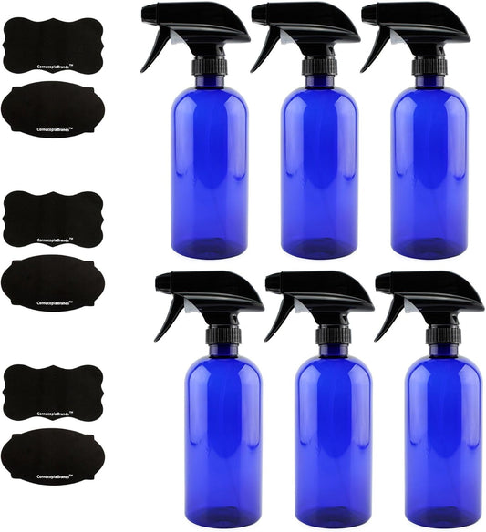 Cornucopia Brands 16oz Cobalt Blue PLASTIC Spray Bottles w/Heavy Duty Mist & Stream Sprayers and Chalkboard Labels (6-pack); PET #1 BPA-free, Use for DIY, Kitchen, Hair