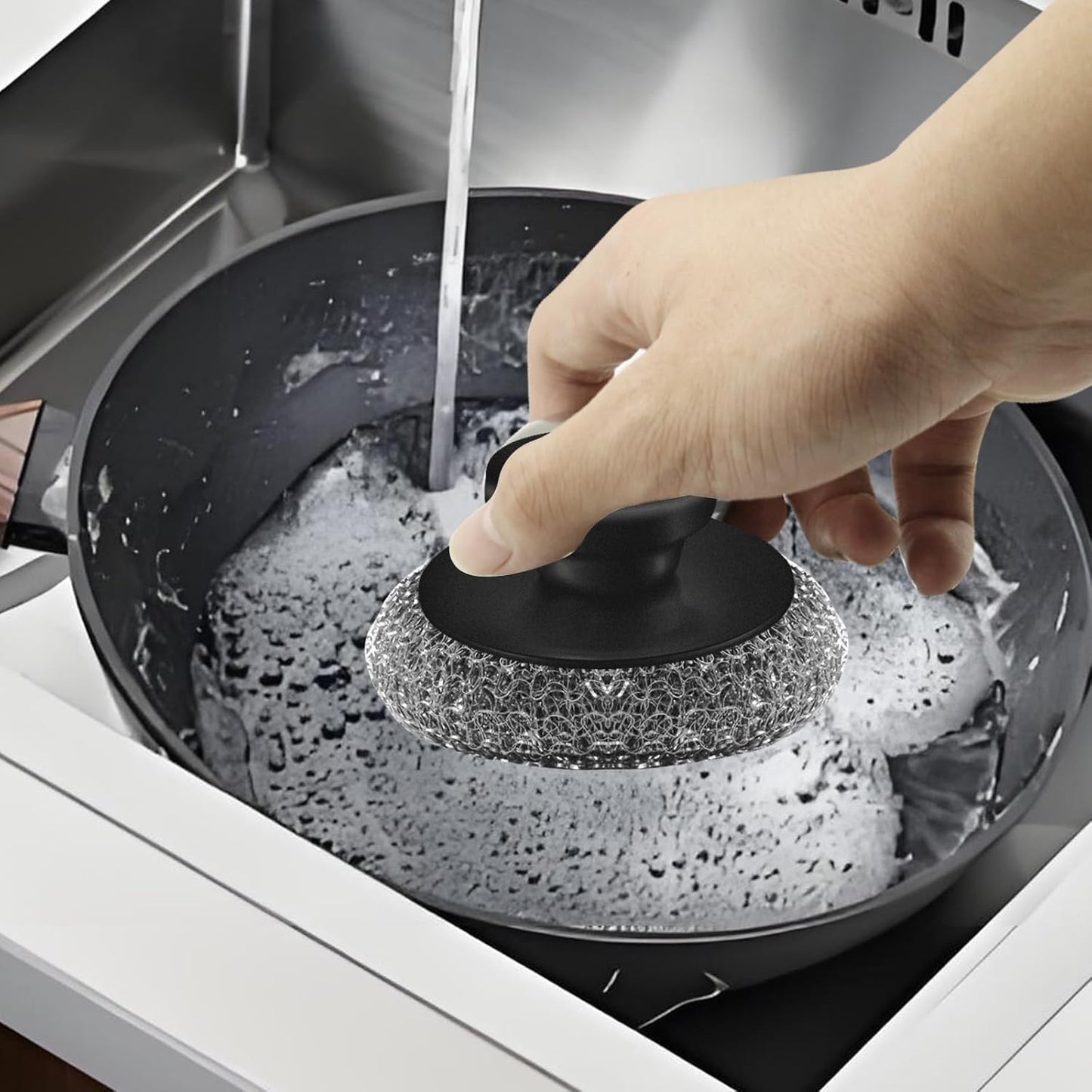 Scrubber with Handle Comes with Three Replacement Balls Steel Wool, Short Handle Scrubber, Steel Wool Scrubber Supplies Dish Scrubber, Stainless Steel Scrubber Tool Metal Scrubber for Dishes