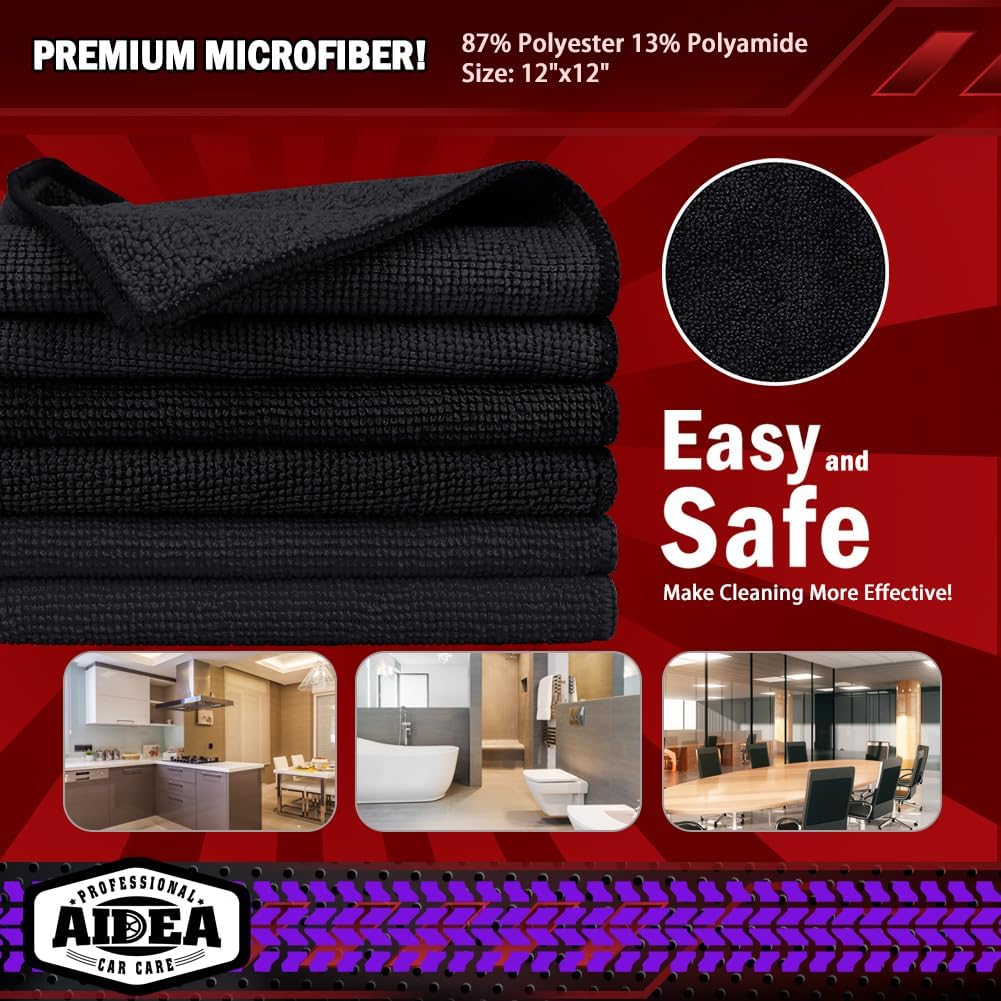 AIDEA Microfiber Cleaning Cloth Black 50PK, Microfiber Towels for Cars, Premium Car Cloths, Dusting Cloth Lint Free Cleaning Rags for SUVs, House, Kitchen, Window, Workshops,12×12"