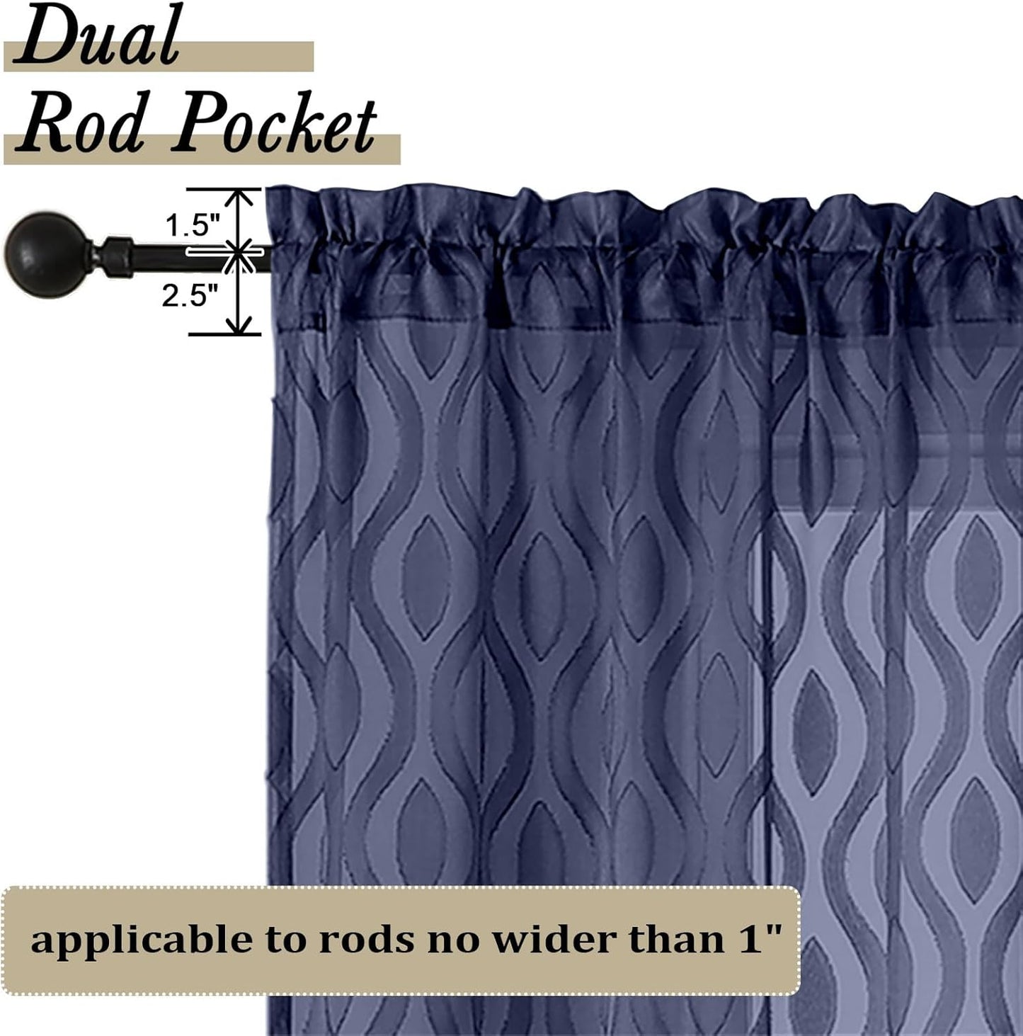 Aiyufeng Navy Blue Curtains 72 Inches Long 2 Panels Set, Elegant Light Filtering Transparent Curtain Draperies for Bedroom Living Room, Classic Clip Solid Wavy Line Door Curtains, 40" Wx72 L Inch
