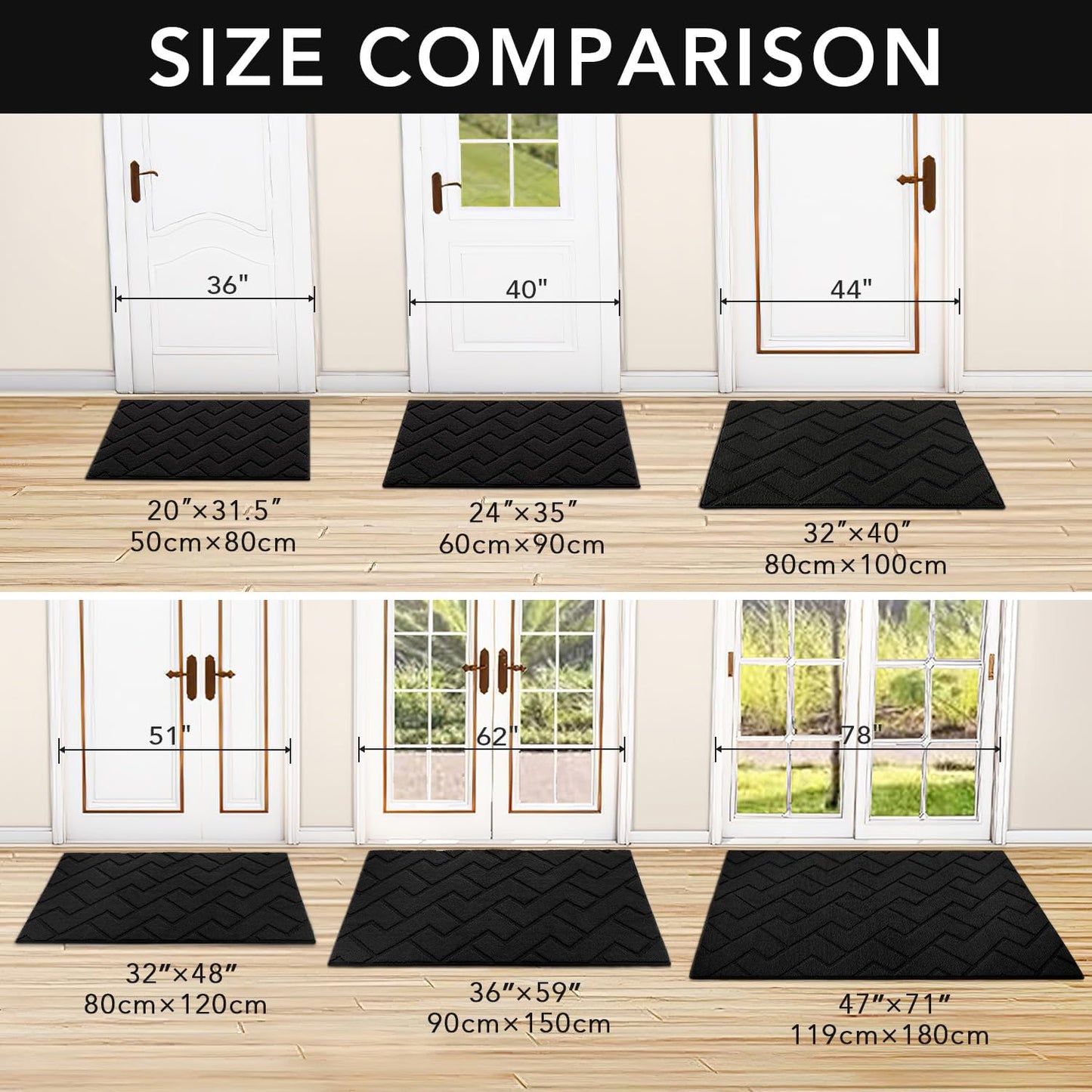 hicorfe Indoor Doormat,Front Back Door Mat Rubber Backing Non Slip Door Mats 20"x48" Absorbent Resist Dirt Entrance Doormat Inside Floor Mats for Entryway Washable Low-Profile(Black)