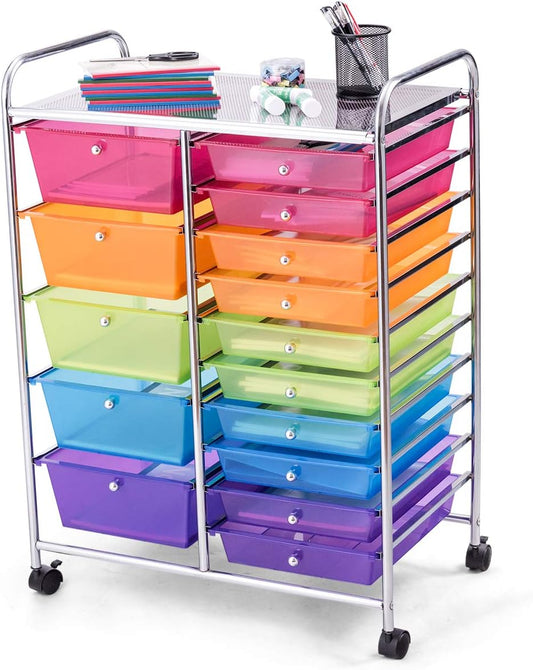 GOFLAME 15-Drawer Rolling Storage Cart, Multipurpose Movable Organizer Cart, Utility Cart for Home, Office, School, Rainbow