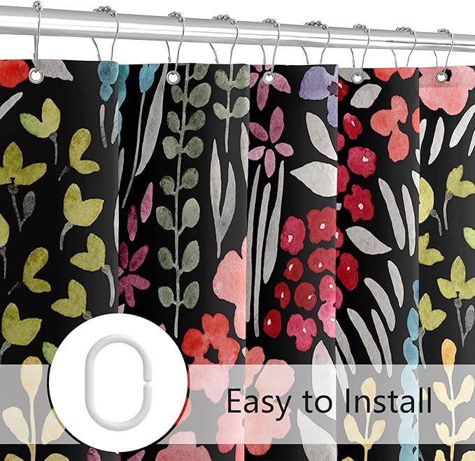 Long Shower Curtain 72 x 78 Inch, Tall Cute Floral Shower Curtain for Bathroom, Colorful Wildflower Boho Cottagecore Fabric Shower Curtain Set with Hooks, Black