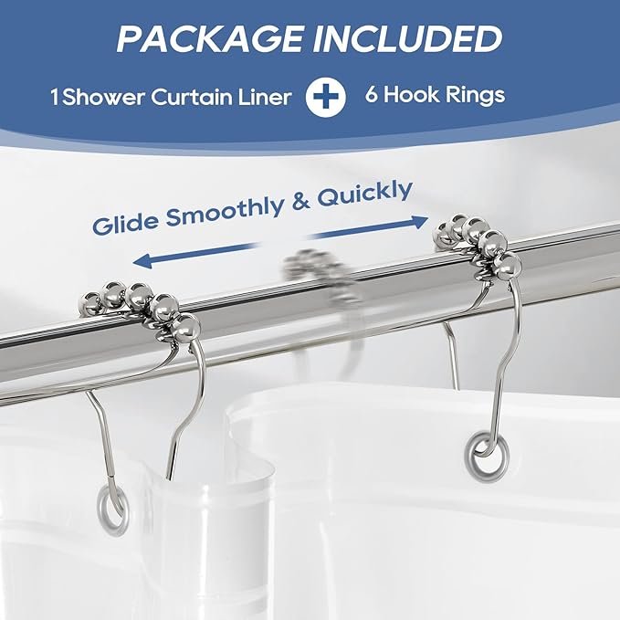 downluxe Clear Shower Curtain Liner with Hooks, PEVA Plastic Shower Liner, 36" W x 72" L Waterproof Lightweight Bathroom Curtain(6 Hooks, 1PC)