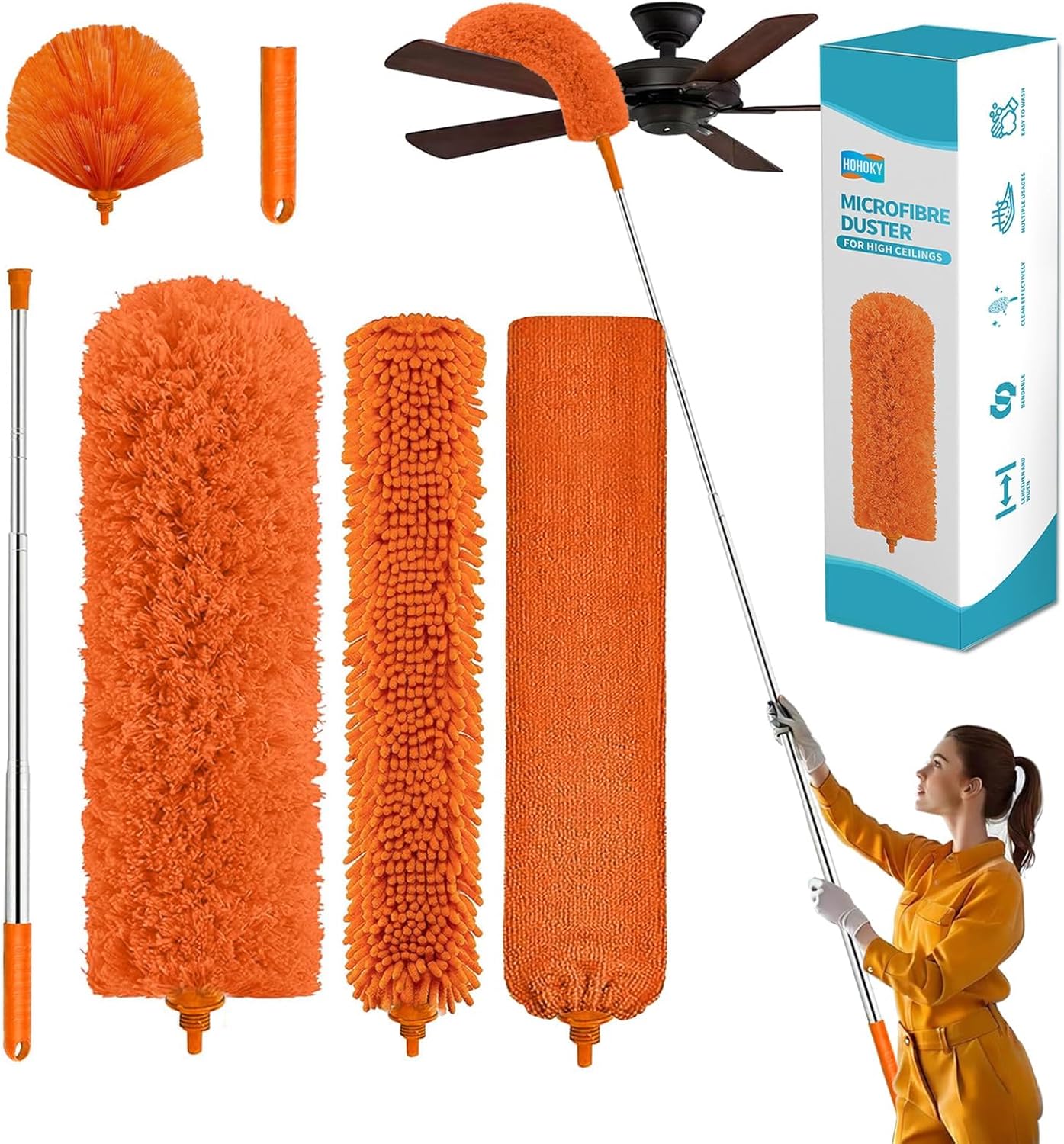 Cobweb Duster with Extension Pole,Cleaner Outdoor 110" Telescoping Extended Sspider Brush, Dusting Kit,Long Handle Reach for High Ceilings and Fans,Microfiber Webster Remover Tools Feather Dusters