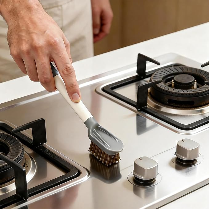 2-Piece Set Handheld Dish Brush with Brass Scrubber and Steel Scraper for Stubborn Grease - Dual-Head Cleaner for Pots, Pans, Stovetop, Sink