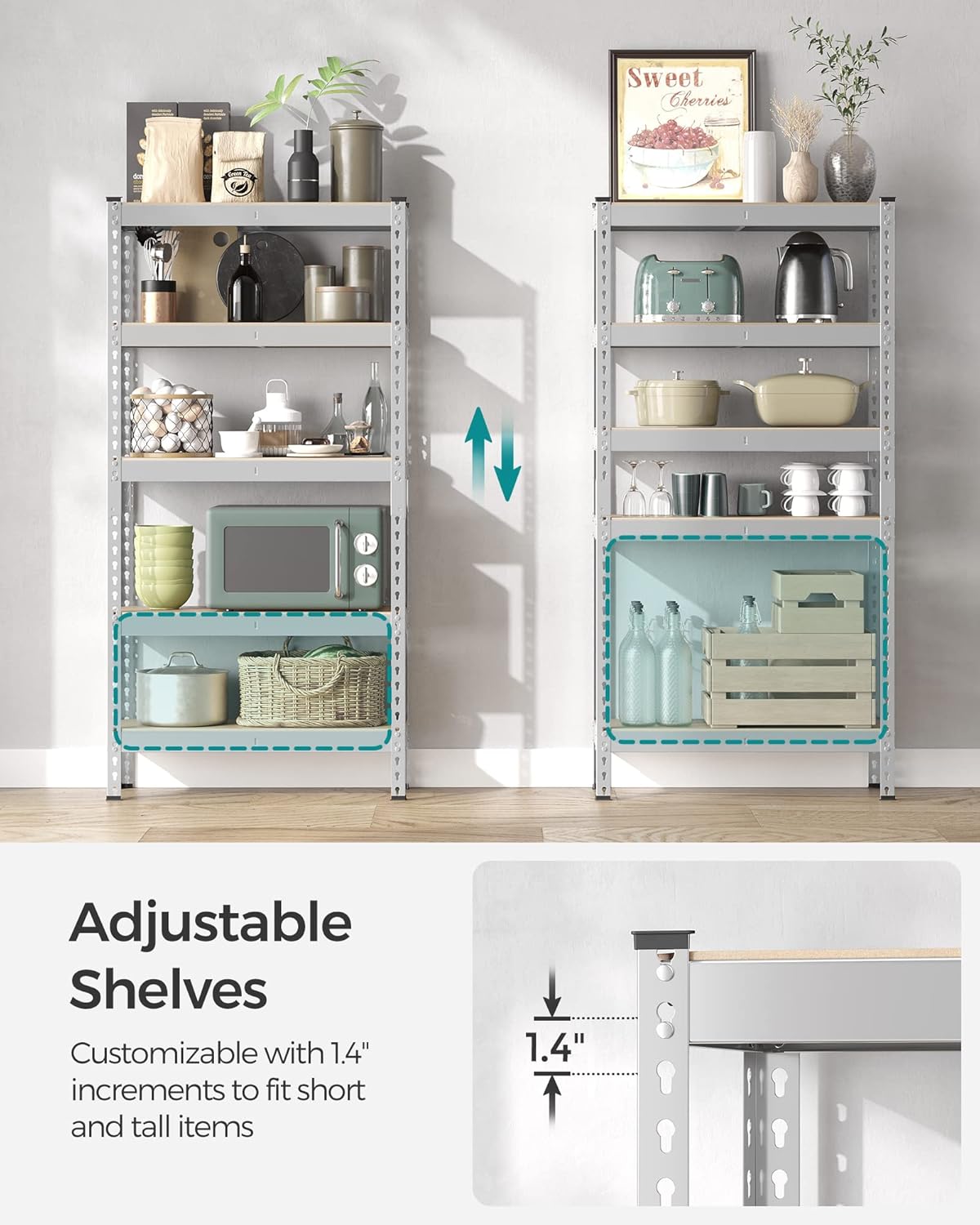 SONGMICS 5-Tier Storage Shelves, Load 2310 lb, Set of 2 Garage Storage, Boltless Assembly, Adjustable Shelving Unit, 17.7 x 35.4 x 70.9 Inches, for Study Shed Basement, Silver UGLR450E02
