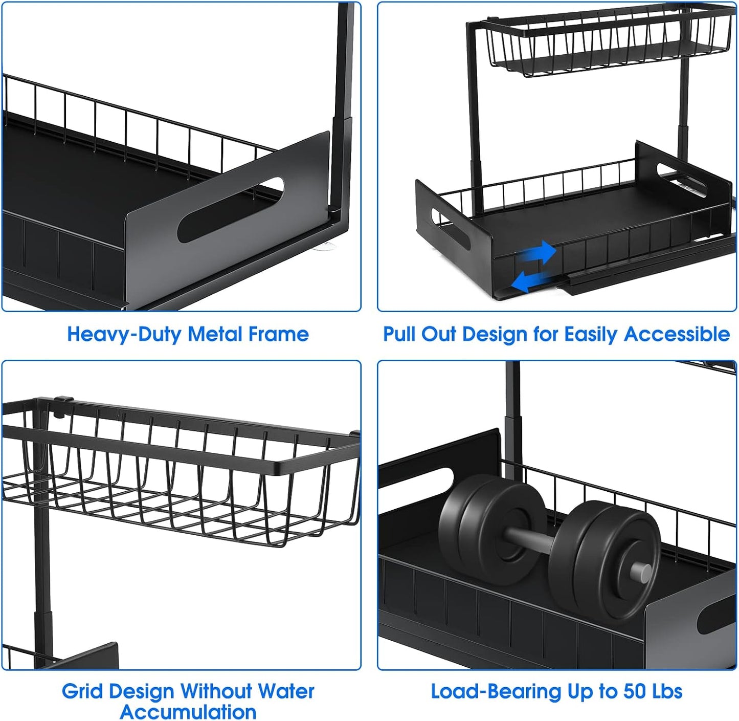 Under Sink Organizer, 2 Tier Under Sink Organizers and Storage Multi-Purpose Under Sink Storage for Bathroom Kitchen (Black)