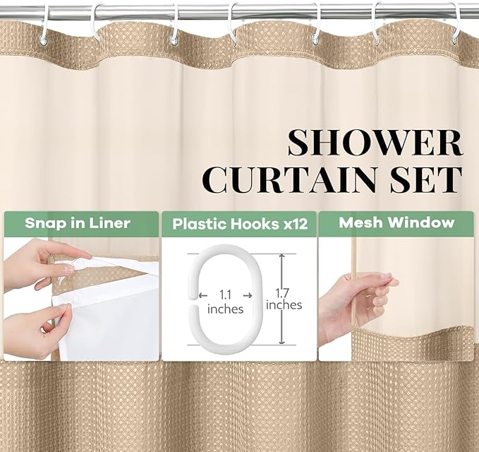 Dynamene 78 Inch Long Shower Curtain, Tall Waffle Fabric Shower Curtains for Bathroom, Hotel Waterproof Cloth Shower Curtain Liner Set with Hooks, Snap in Liner, Mesh Top Window, Beige, 72x78