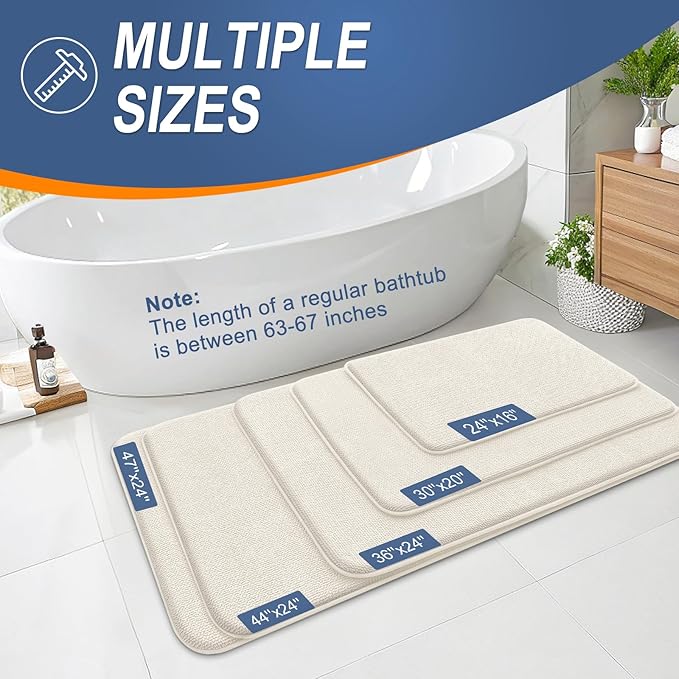 OLANLY Thick Memory Foam Bath Mat Rug 44x24, Extra Soft Absorbent Bathroom Rug, Quick Dry Bath Mats, Non-Slip, Machine Washable Carpet for Bathroom, Tub and Shower, Home Decor Accessories, Ivory