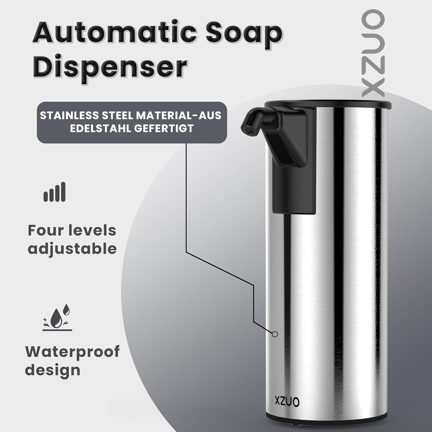 Automatic Soap Dispenser Touchless 11.8oz/350ml Four-Level Adjustable Dispenser Volume，Stainless Steel Material,Battery Powered for Wide Compatibility in Kitchen, Bathroom, Hotel & Office