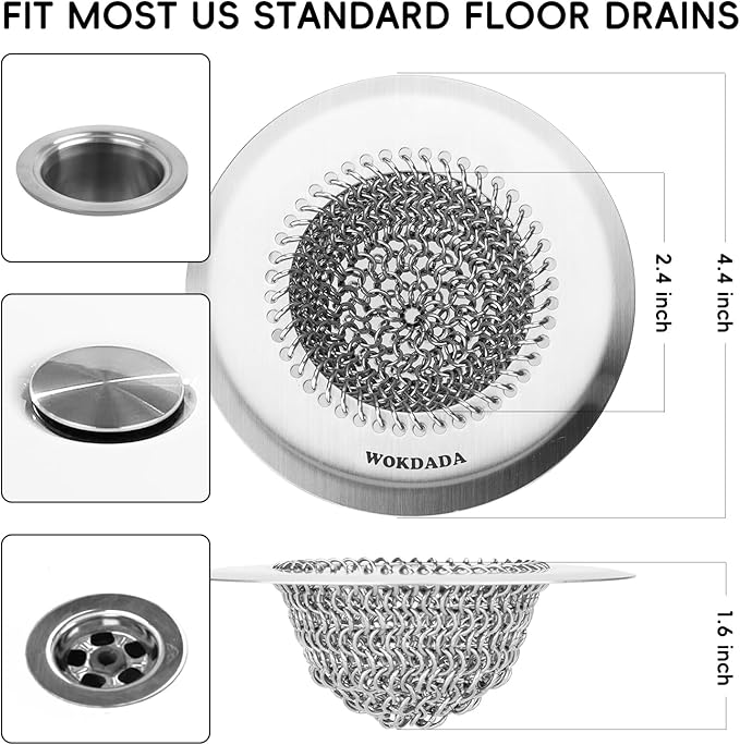 2 Pack Wokdada Bathtub Drain Hair Catcher, Wokdada Fast Drainage Shower Drain Hair Catcher, Reversible 304 Stainless Steel Drain Protector for Pop-Up and Regular Drains of Bathroom(Patented Product)