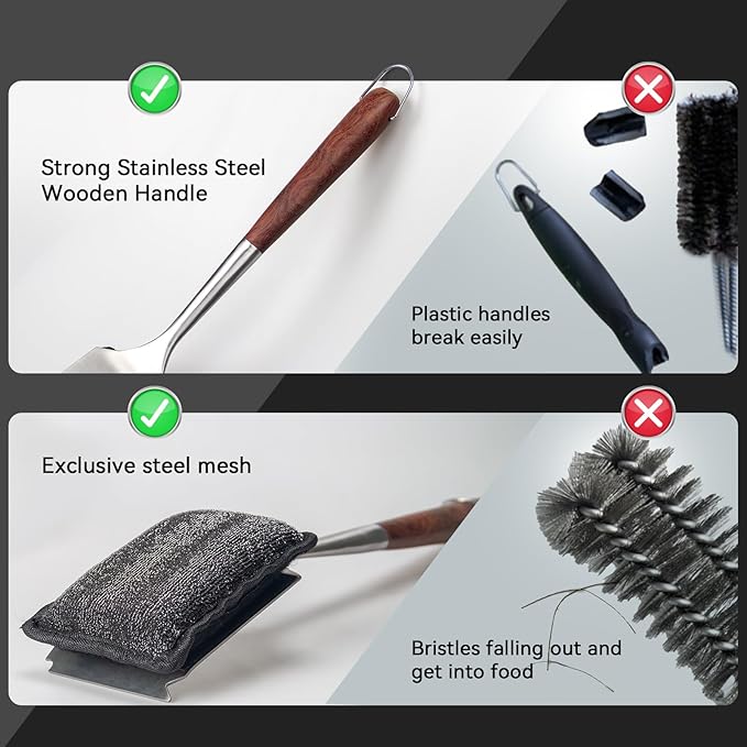 Bristle-Free Steam Cleaning Grill Brush,with Extended Luxurious Rosewood Handle and 1 Replacement Head,BBQ Grill Cleaning Brush Kit,Safe Grill Cleaner for Outdoor Grill,Gifts for Men/Dad