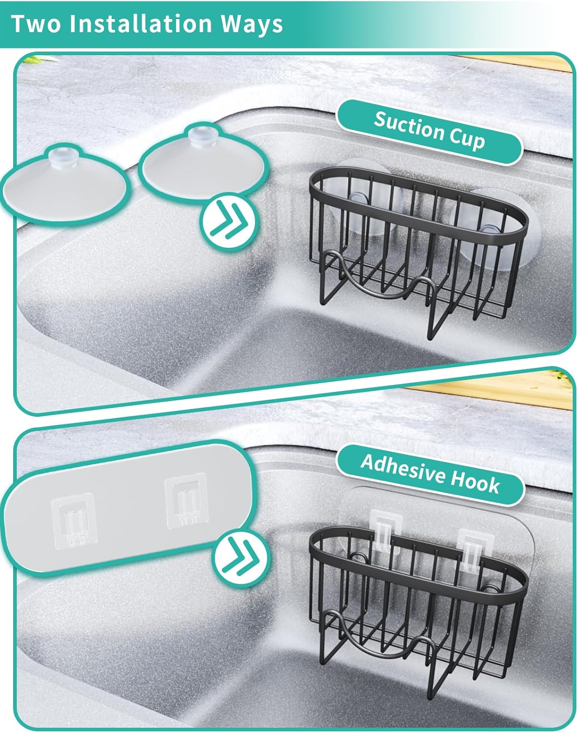 HapiRm Multifunctional Sponge Holder with Unique M-Shaped, 2 Installation Methods Kitchen Sink Caddy Organizer, Rustproof Stainless Steel Sponge Caddy for Brush, Sink Stopper and Scraper -Black