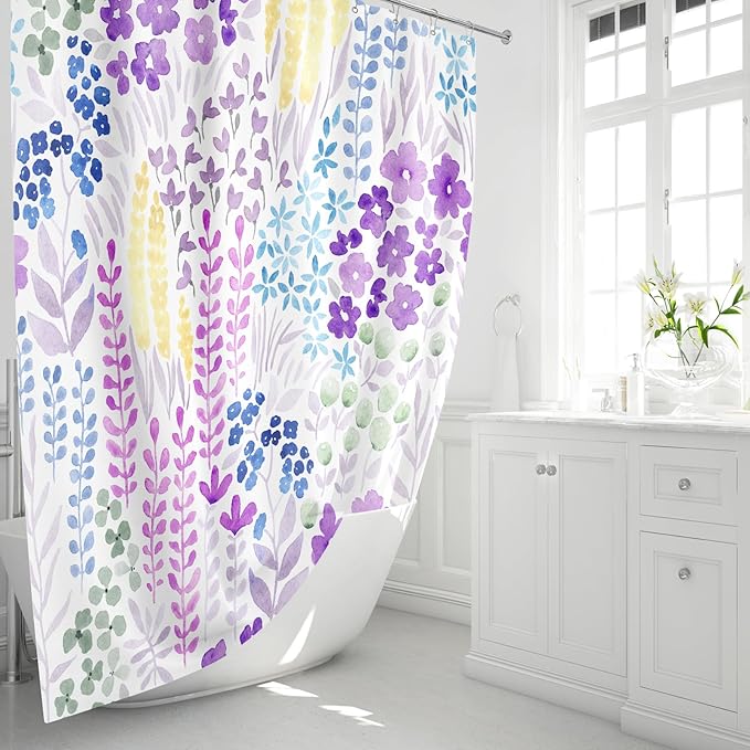 Extra Long Shower Curtain 72 x 96 Inch, Floor to Ceiling X-Long Tall Purple Floral Shower Curtain for Bathroom, Wildflower Boho Cottagecore Fabric Shower Curtain Set with Hooks, Lavender Purple