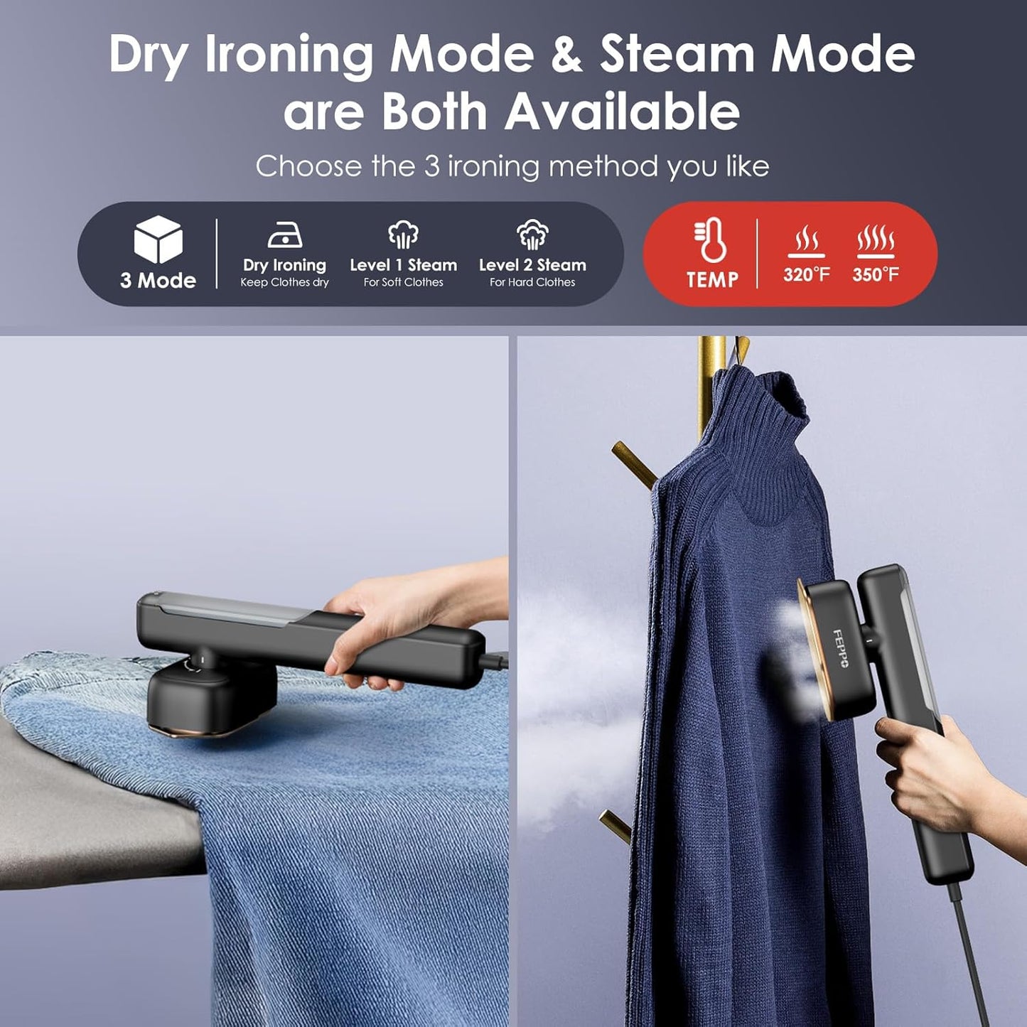 FEPPO Travel Steamer for Clothes, 110-240V Dual Voltage Portable Steamer & Iron 2 in 1, Fast Heat Up, 1100W Powerful Garment Steamer, Large Ceramic Heat Panel for Home & Global & Europe Traveling