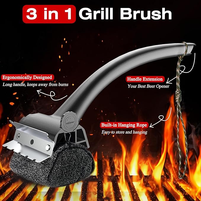 Grill Brush for Outdoor BBQ - Replaceable Bristle Free Heading and Reinforced Scraper - Safe BBQ Brushes for Porcelain/Gas/Charcoal/Smoker/Cast Iron Grill - Cleaning Brush(Black)
