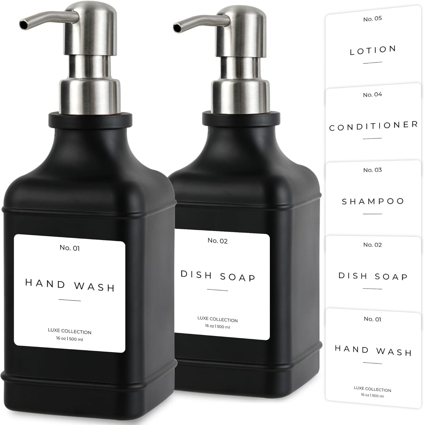 Emerson Essentials Soap Dispenser, Dish Soap Dispenser, Soap Bottle Bathroom Set, Hand Soap Farmhouse, Kitchen Soap Bottles - Glass Soap Dispenser with Pump and Labels, 16 Oz, 2 Pack