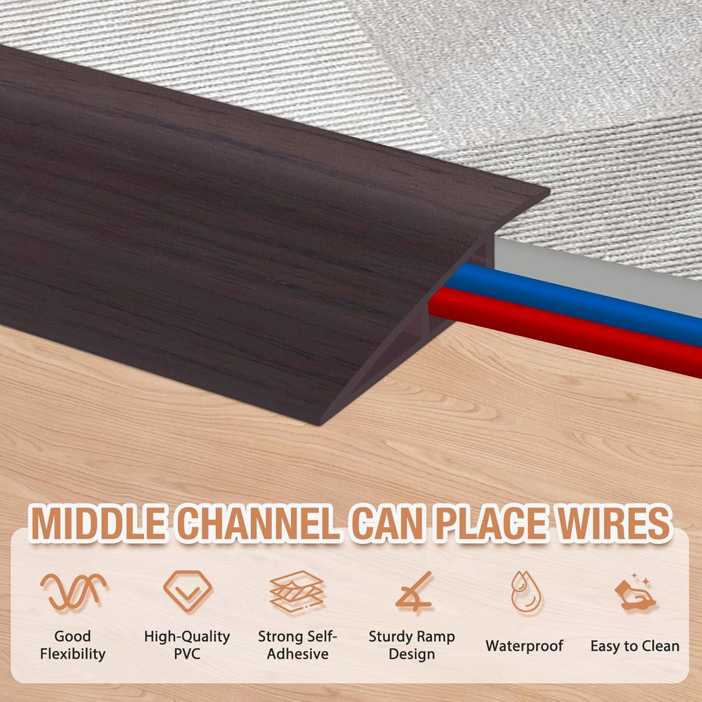 Floor Transition Strip Self Adhesive Vinyl Door Threshold for Doorways Carpet Edging Trim Overlap Edge Reducer for Laminate Floor, Carpet, Tile (Dark Walnut Grain, 1/5" to 2/5", 3.3Ft)