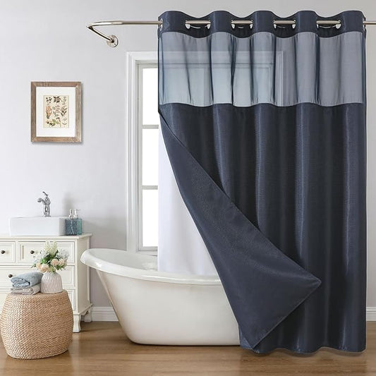 Extra Long No Hook Shower Curtain with Snap-in Fabric Liner Set,Navy Waffle Weave Shower Curtains for Bathroom,Hotel Luxury Decor Bathroom Curtain Set,Waterproof & Washable,71Wx86H