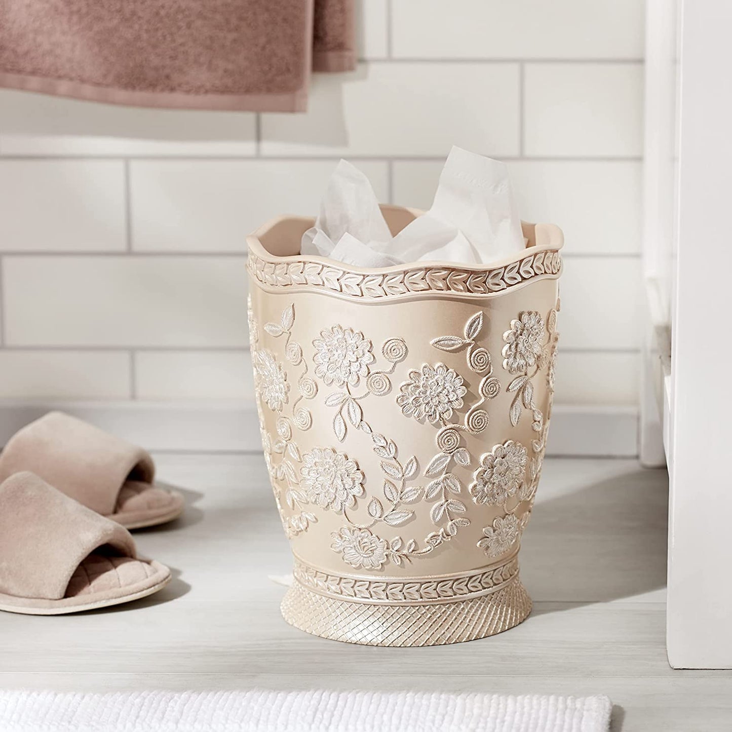 Zahari Home Decorative Trash Can for Bathroom, Office & Bedroom - 2.1 Gallons Stylish & Small Trash Can for Dorms, Desktop & Restroom - Chic Waste Basket for Compact Spaces, Rose Vine