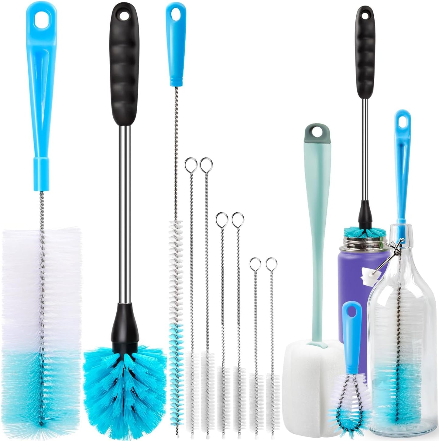 Holikme Bottle Brush Tube Cleaning Lab Set with Long Handle, Cup Cleaner for Washing Narrow Neck Beer Wine Decanter Pipes Lids Sinks Cap Covers, Green